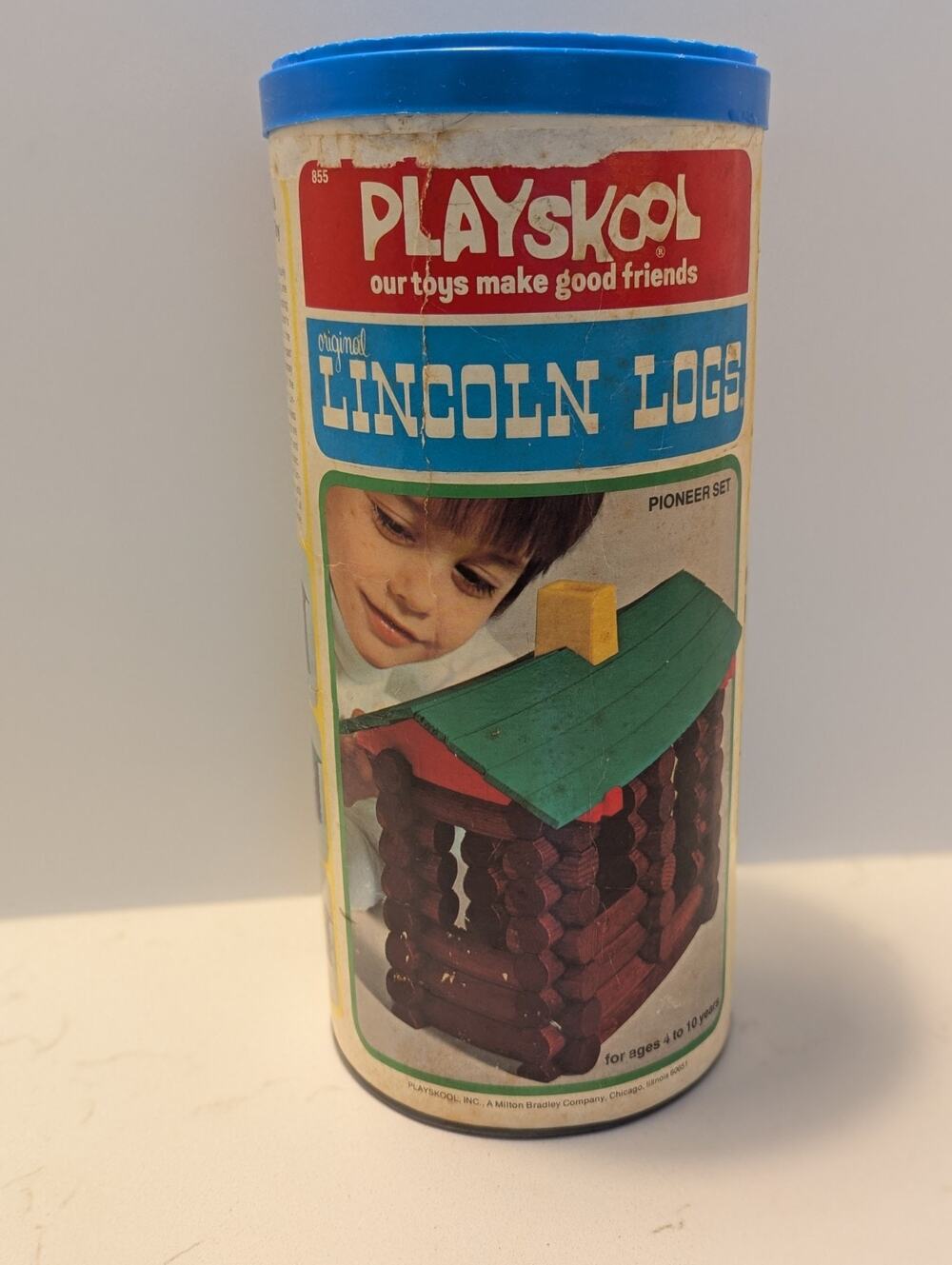 Vtg 855 Playskool Lincoln Logs Pioneer Set in Canister Incomplete 37/74pcs